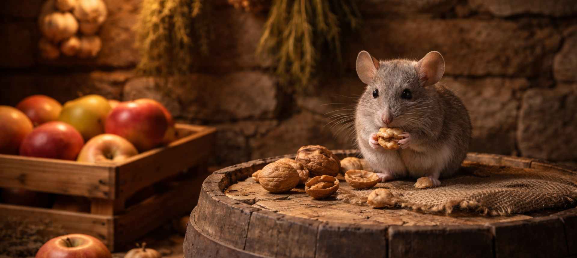 Souris grise grignotant une noix sur un tonneau dans une cave à provisions - que mange une souris SPARIL