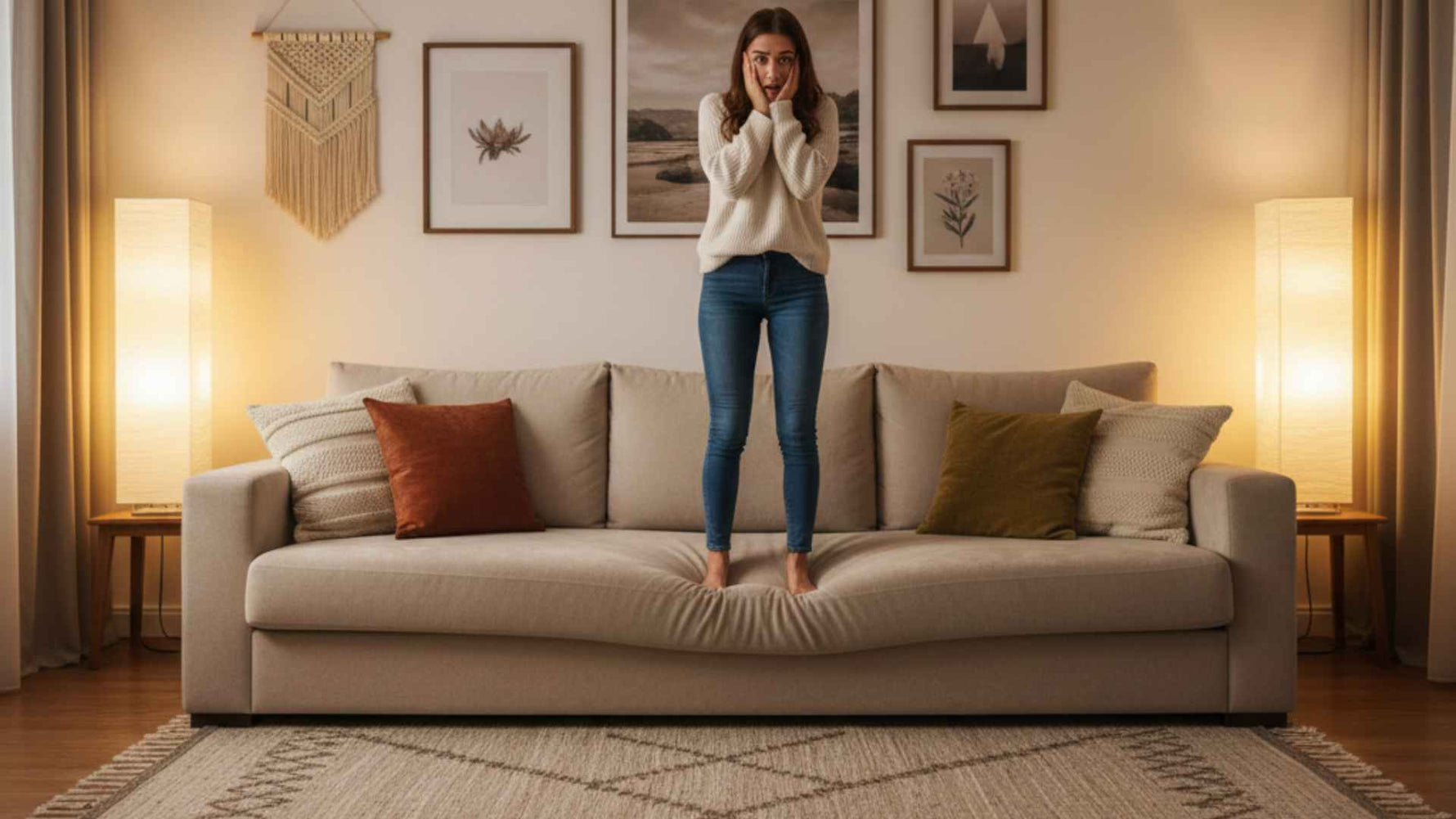 Femme effrayée debout sur son canapé à cause d'une souris dans le salon - comment se débarrasser des souris SPARIL