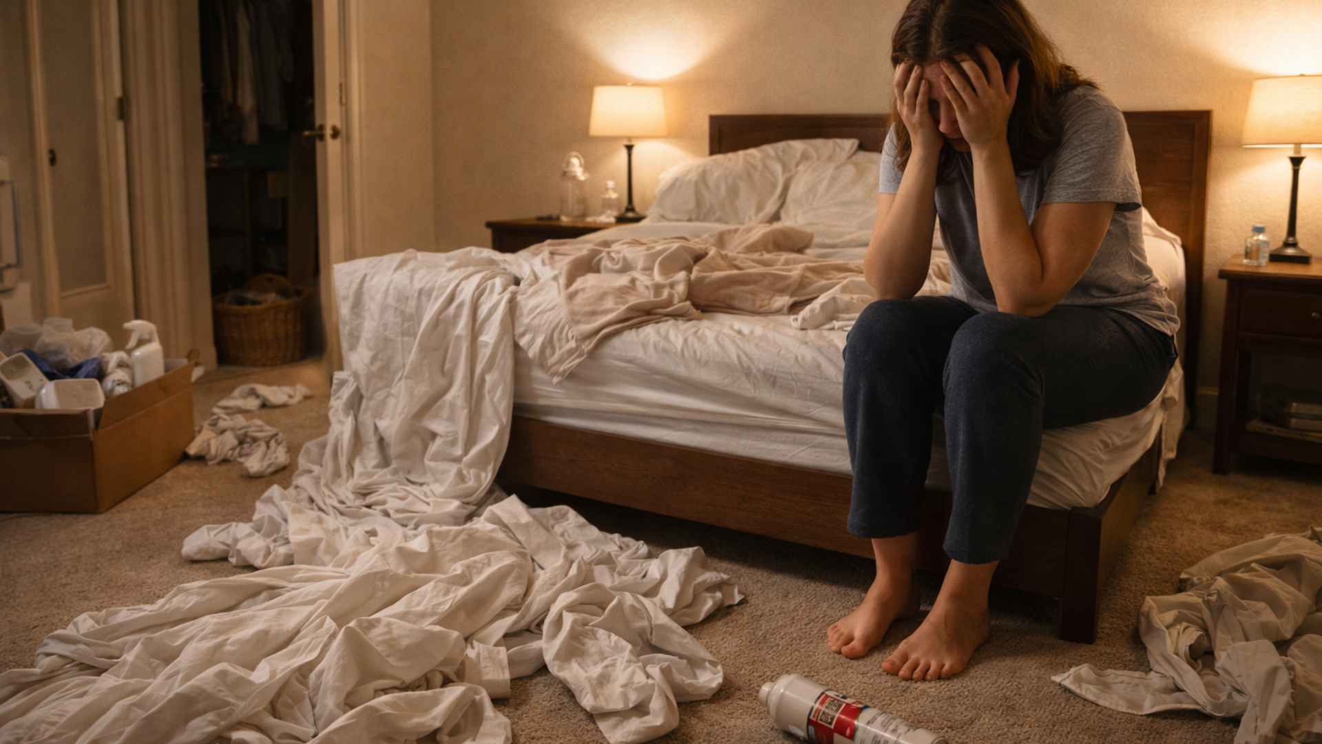 Femme frustrée assise sur un lit défait après un traitement raté contre les punaises de lit SPARIL