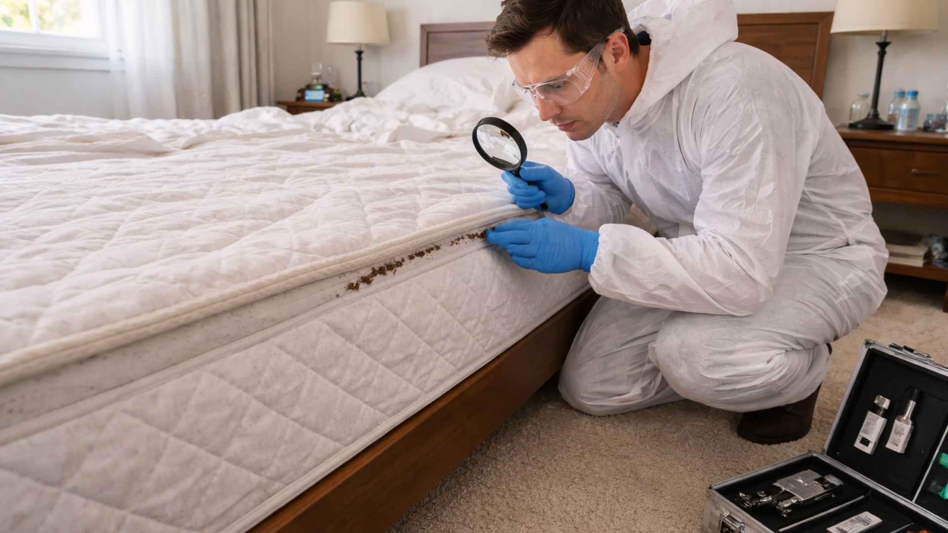 Inspecteur professionnel examinant un matelas à la loupe pour détecter des punaises de lit SPARIL