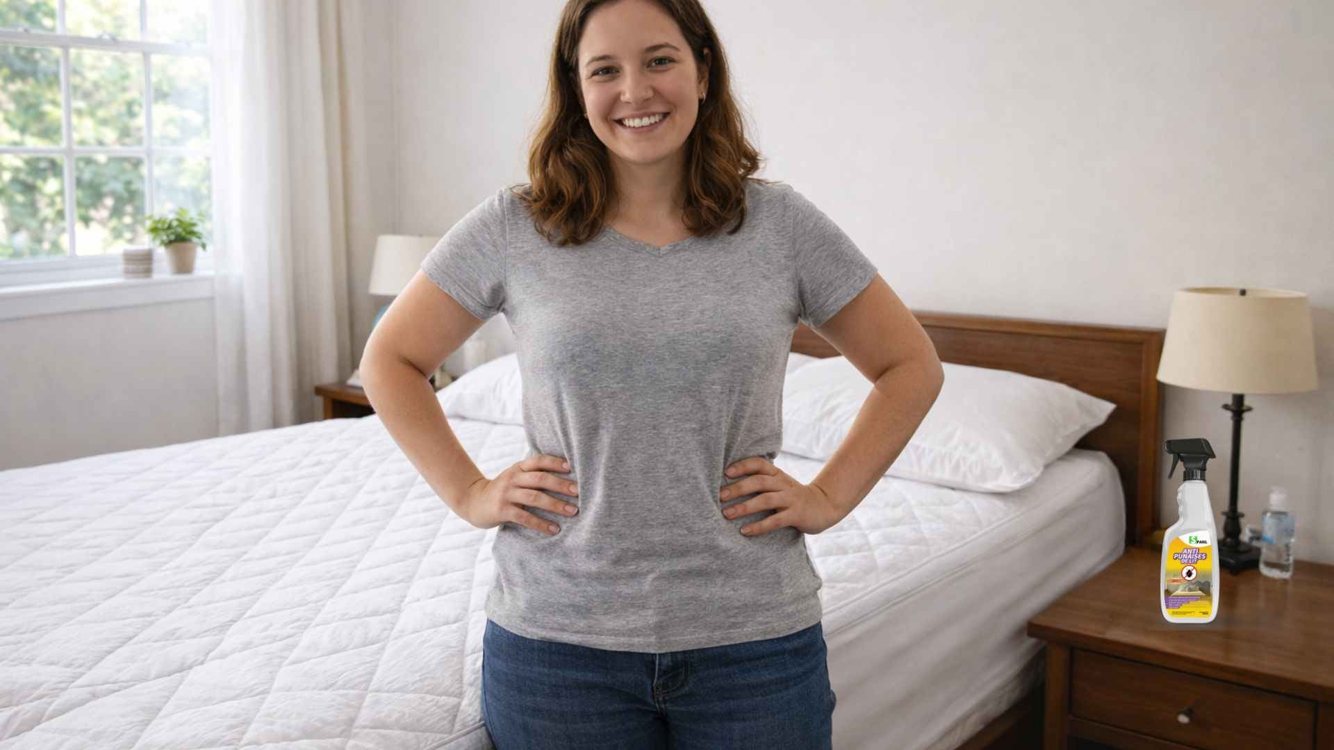 Femme fière dans une chambre propre après traitement anti punaises de lit avec spray SPARIL