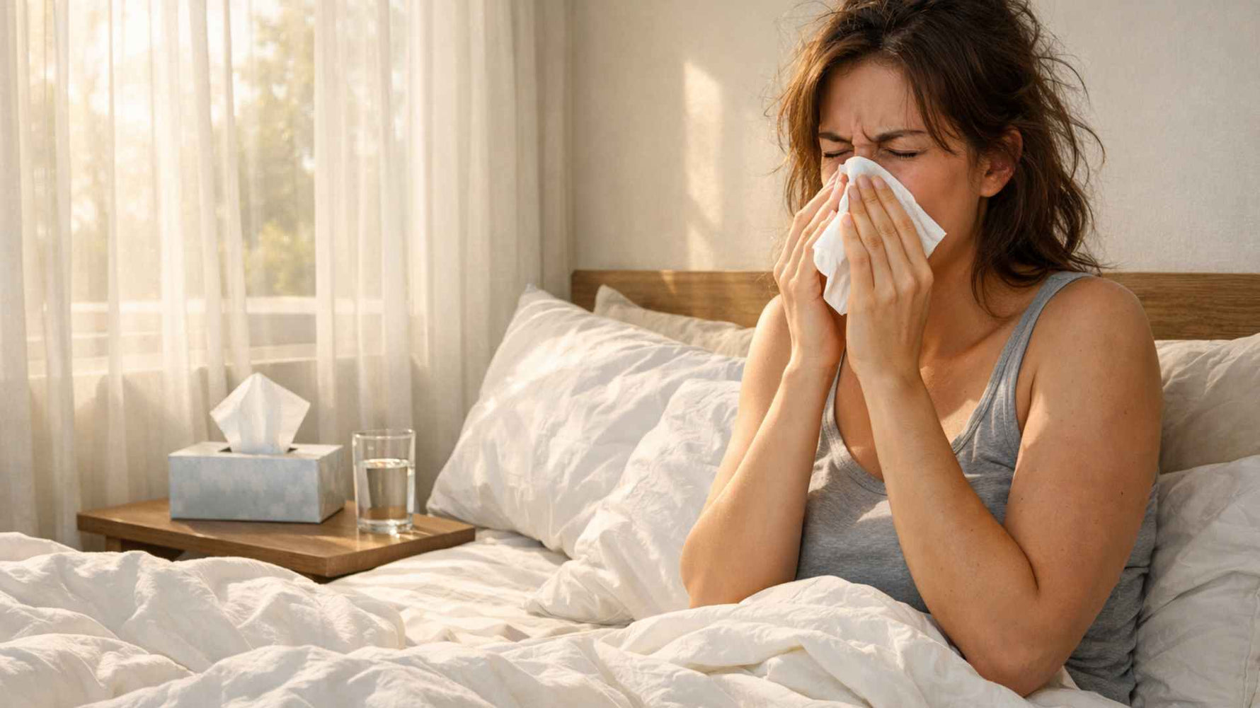 Femme secouant un oreiller avec nuage de poussière visible dans la lumière - acariens dans le lit SPARIL