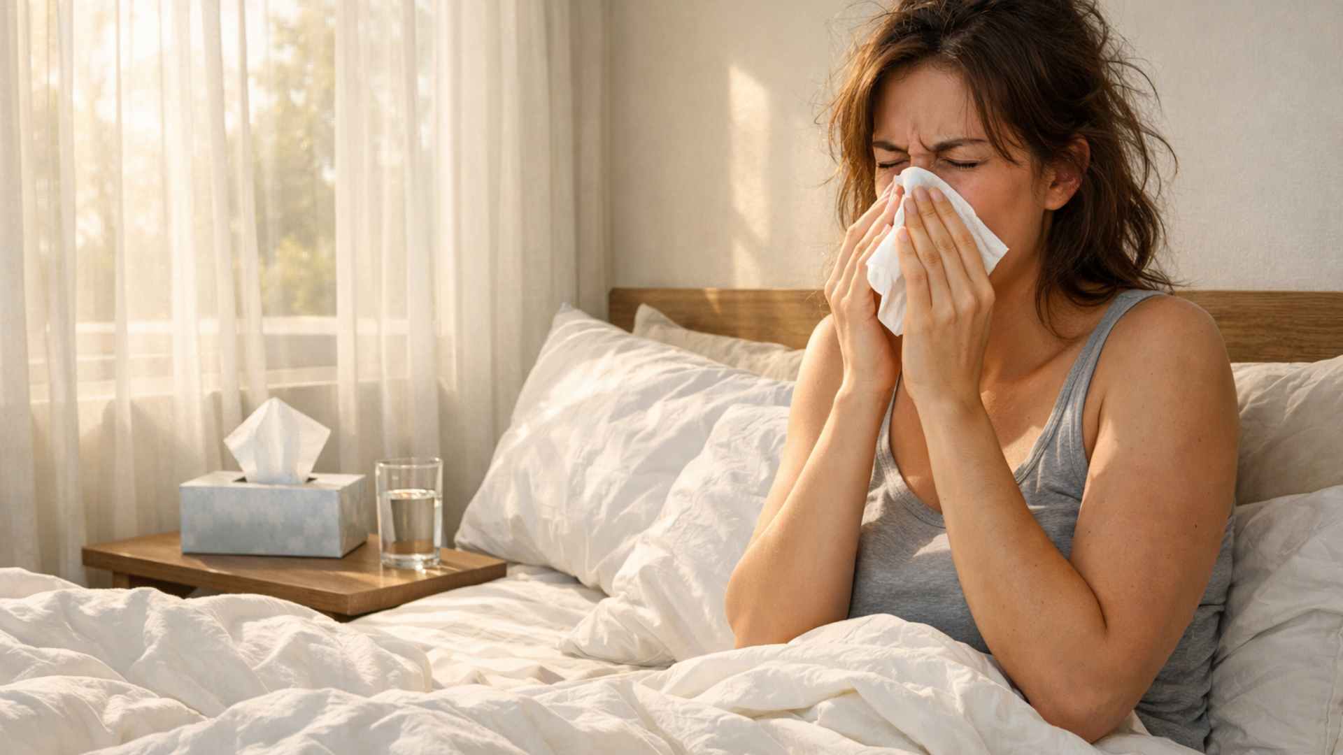 Femme secouant un oreiller avec nuage de poussière visible dans la lumière - acariens dans le lit SPARIL