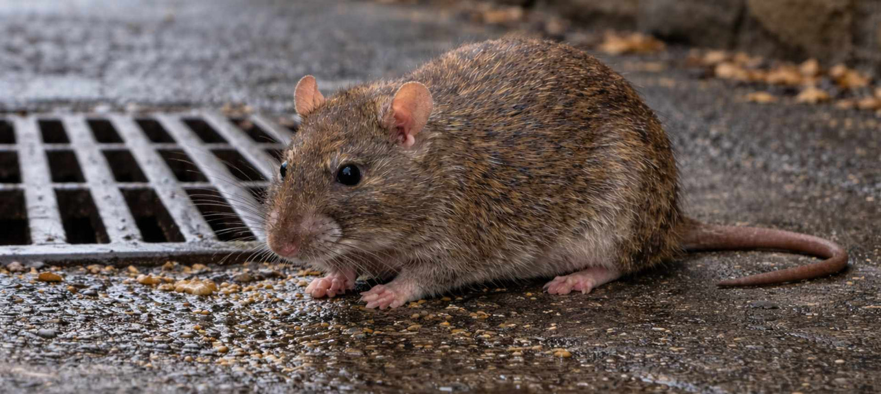 Gros rat brun près d'une bouche d'égout en milieu urbain - article rat brun rat d'égout SPARIL