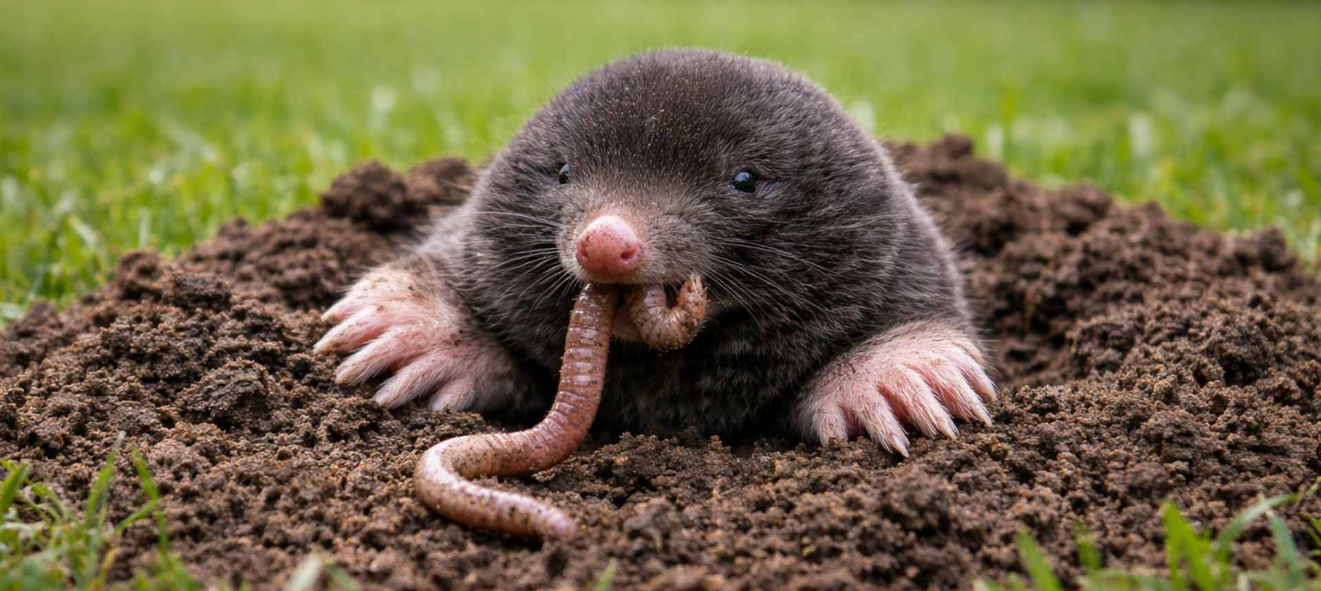 Taupe européenne sortant de terre avec un ver de terre dans un jardin - article que mangent les taupes SPARIL