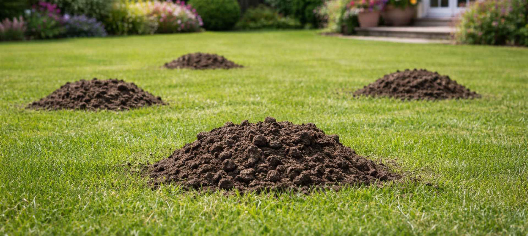 Jardin avec plusieurs taupinières sur la pelouse - comment se débarrasser des taupes SPARIL