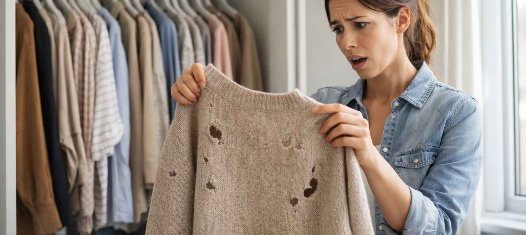 Femme découvrant un pull en laine troué par les mites dans son dressing - guide mites vestimentaires SPARIL