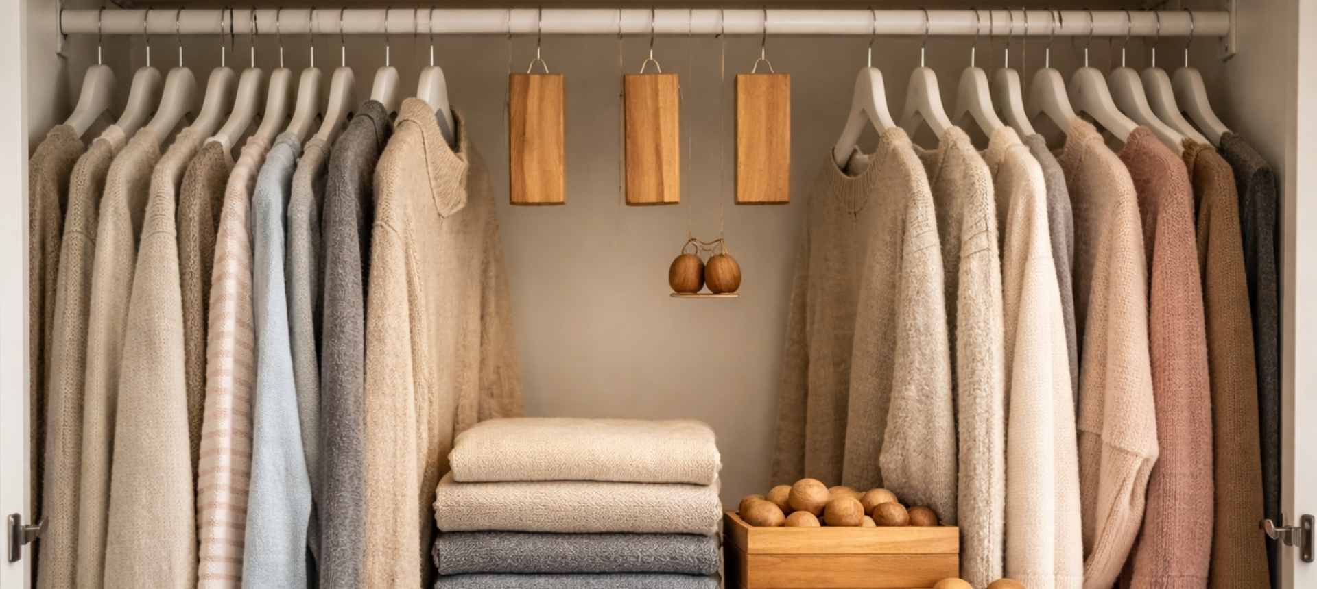 Penderie organisée avec des blocs et boules de bois de cèdre naturel entre les vêtements - protection anti mites SPARIL