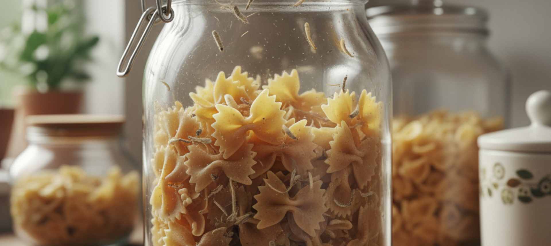 Larves de mites alimentaires dans un bocal de pâtes en cuisine - identification mites alimentaires SPARIL