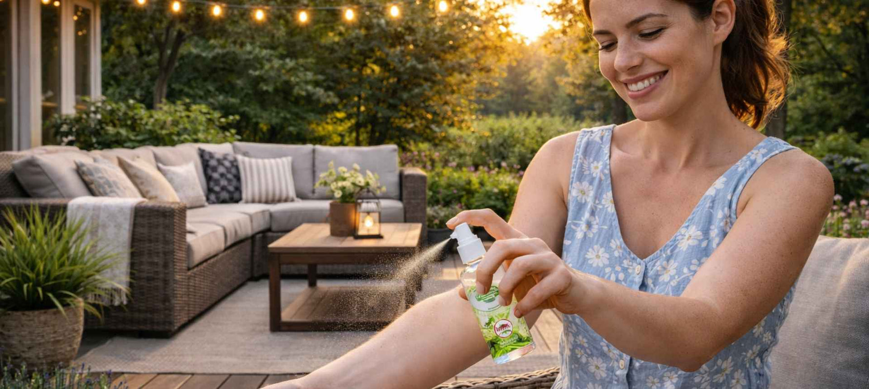 Femme appliquant un spray anti moustique DEET SPARIL sur son avant-bras en terrasse SPARIL