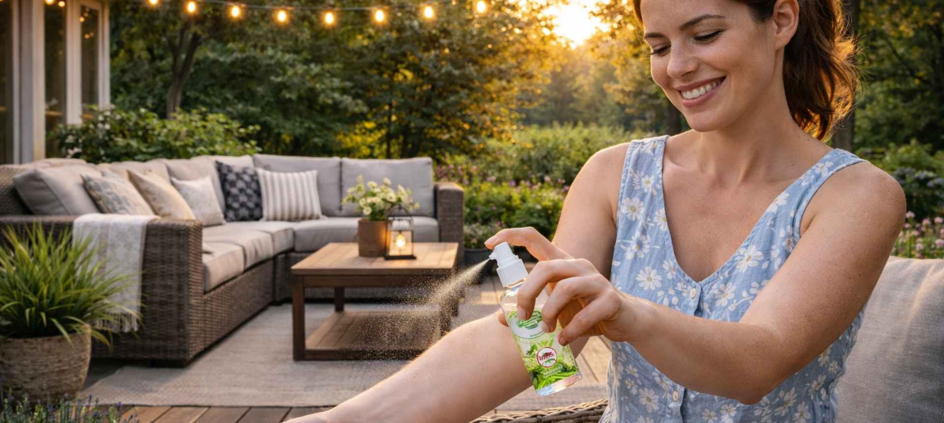 Femme appliquant un spray anti moustique DEET SPARIL sur son avant-bras en terrasse SPARIL