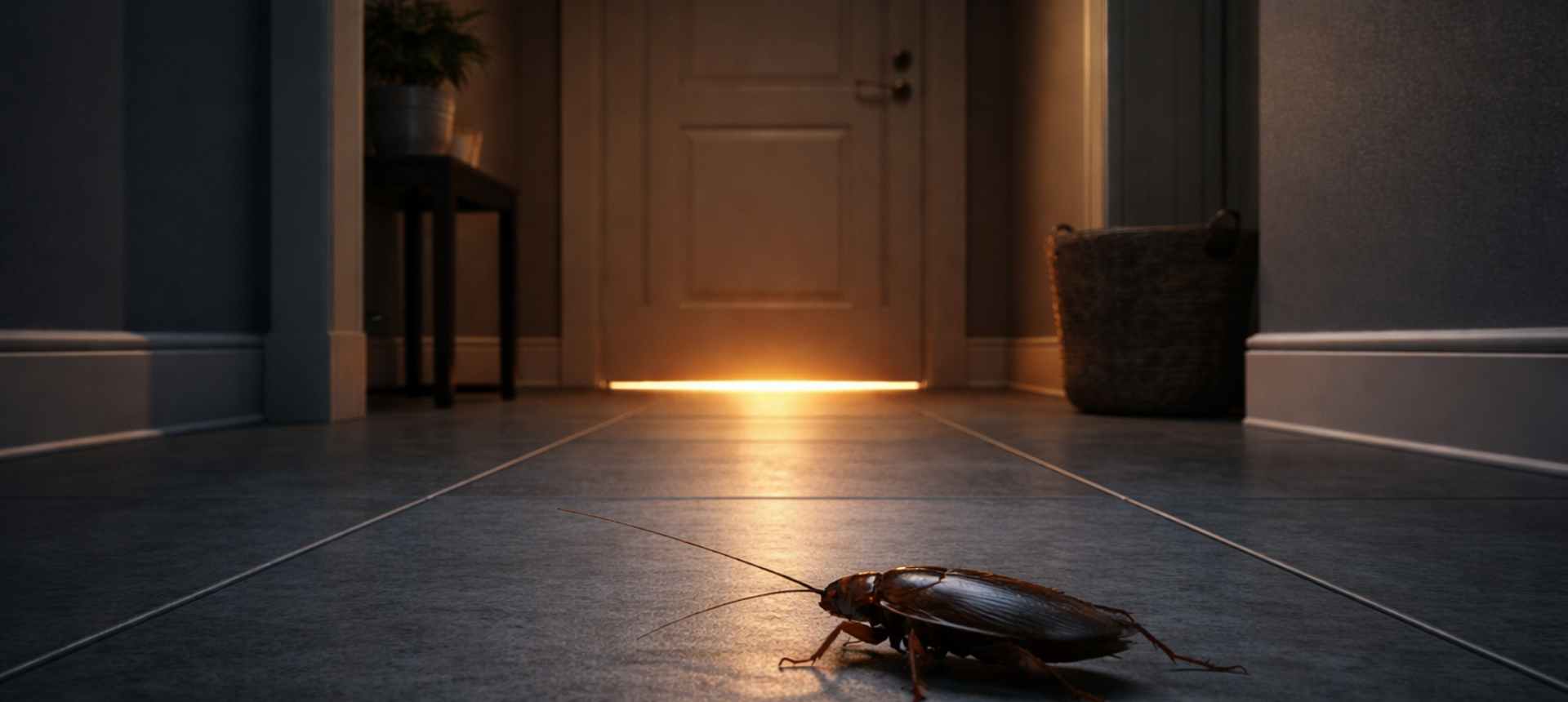 Cafard dans un couloir d'appartement la nuit vu du sol - comment se débarrasser des cafards SPARIL