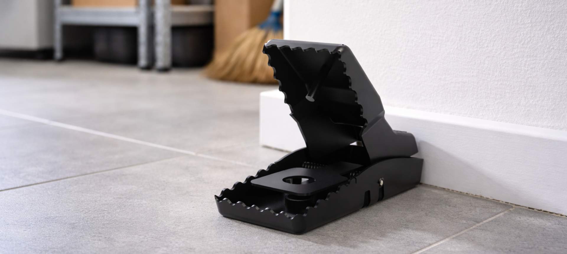 Piège à rat à mâchoire noir positionné dans un garage - article comment se débarrasser des rats SPARIL