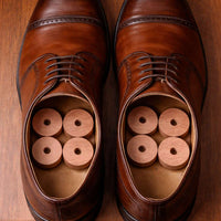 Anneaux de cedre anti mites places dans des chaussures en cuir pour protection naturelle