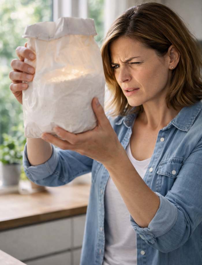 Femme inspectant un paquet de farine infesté par les mites alimentaires dans sa cuisine - Solutions anti mites alimentaires SPARIL