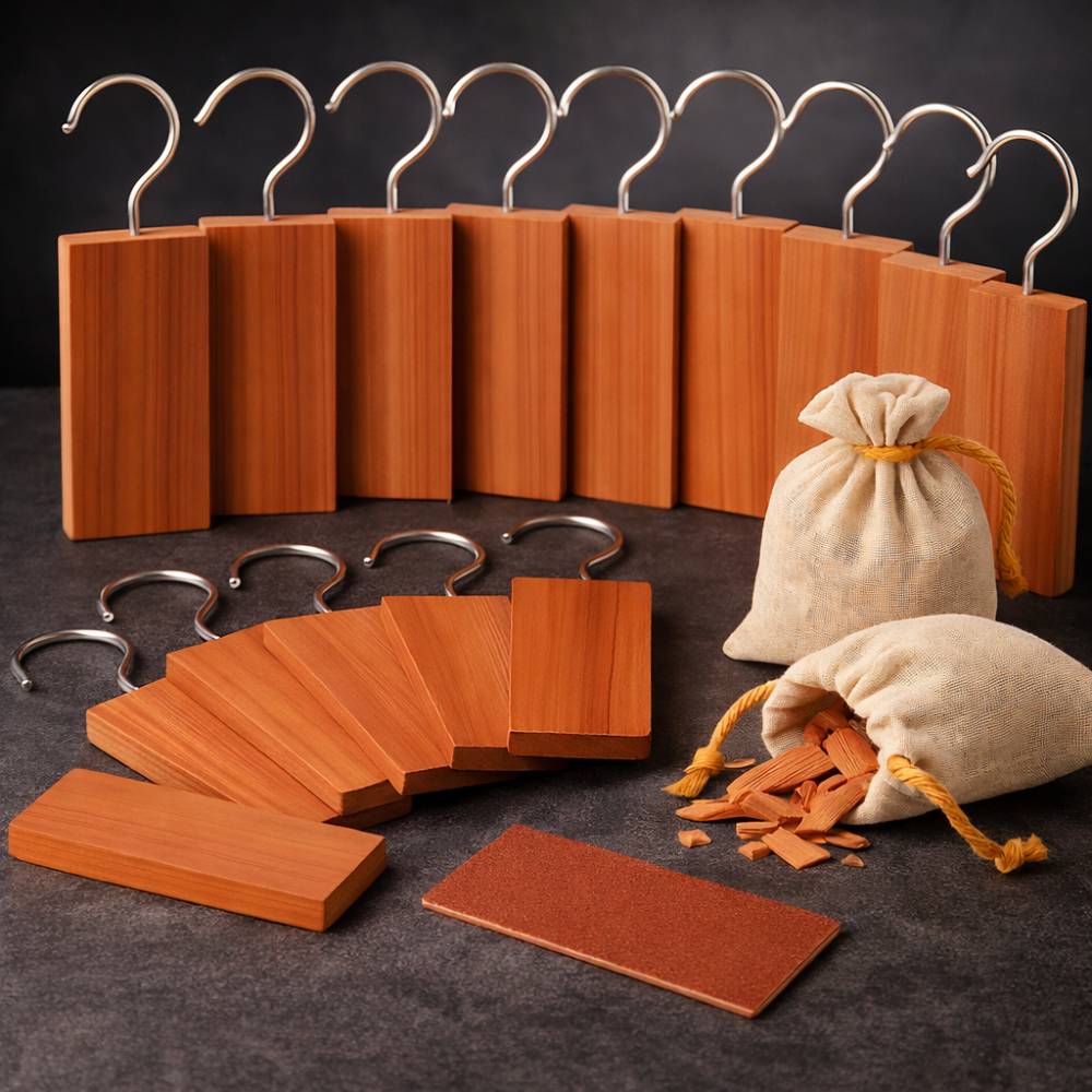 Coffret bois de cedre anti mites 15 plaquettes a crochets 2 sachets copeaux et abrasif SPARIL