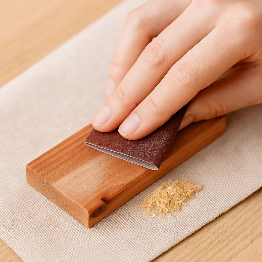 Reactivation plaquette bois de cedre anti mites par poncage avec abrasif SPARI