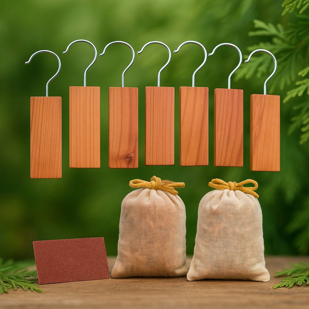 Coffret complet bois de cedre anti mites plaquettes sachets et abrasif SPARIL