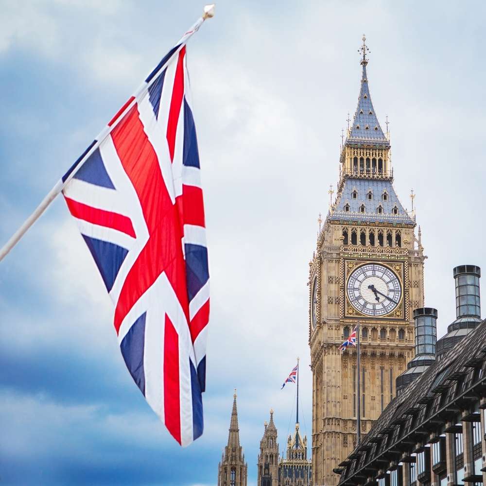 Expédition SPARIL au Royaume-Uni avec Big Ben et drapeau britannique