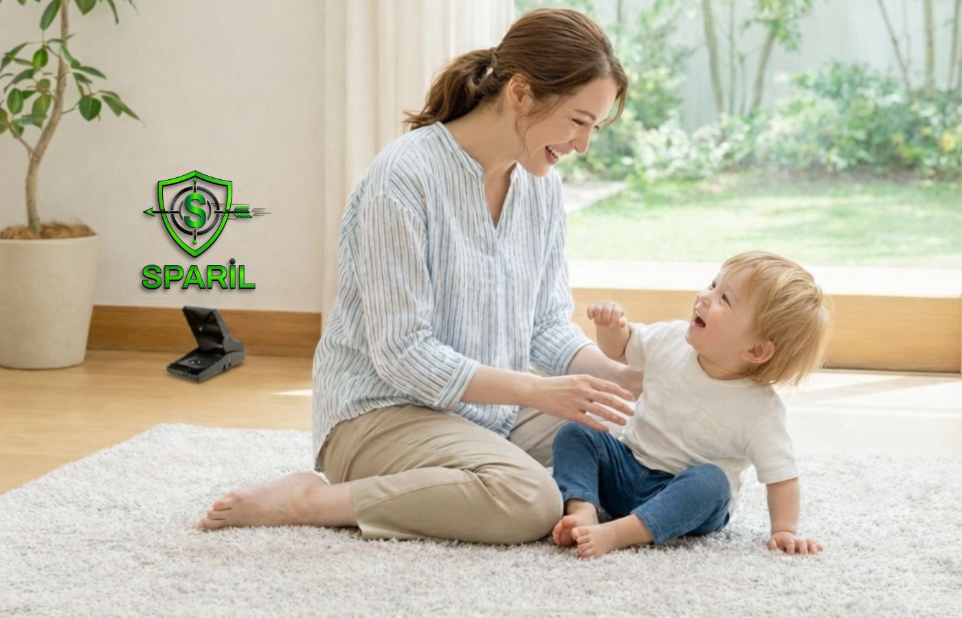 Mère et enfant jouant en sécurité dans un intérieur protégé par SPARIL

