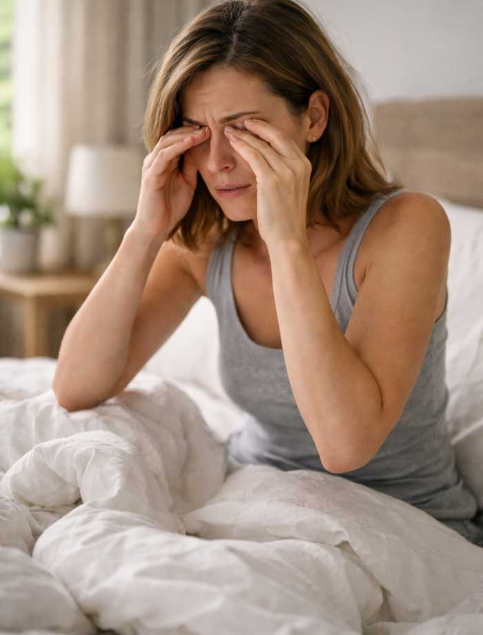 Femme souffrant d'allergies aux acariens au réveil dans son lit - Solutions anti acariensSPARIL