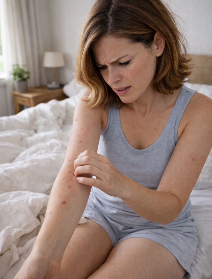 Femme examinant des piqûres de punaises de lit sur son bras au réveil - Solutions anti punaises de lit SPARIL