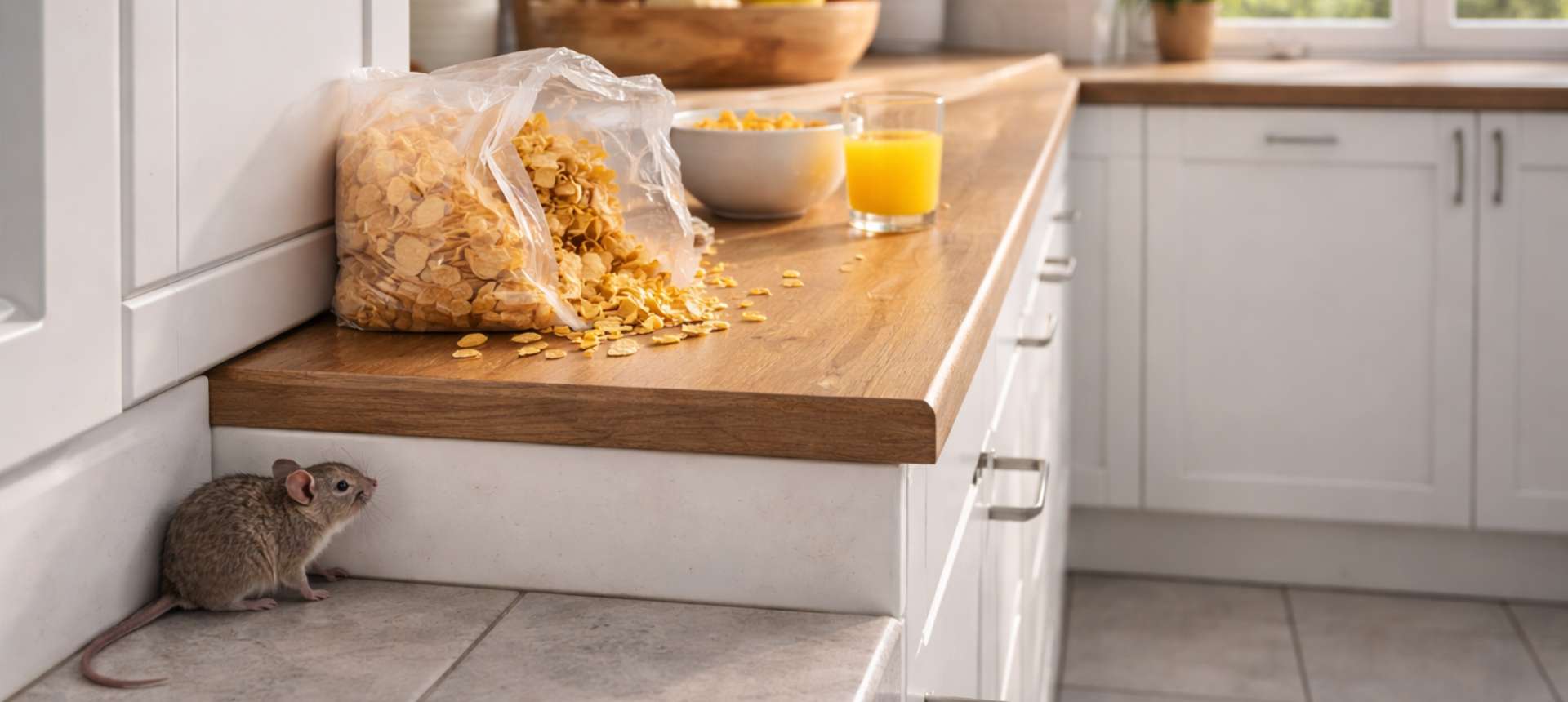 Souris grise le long d'une plinthe dans une cuisine - invasion de souris