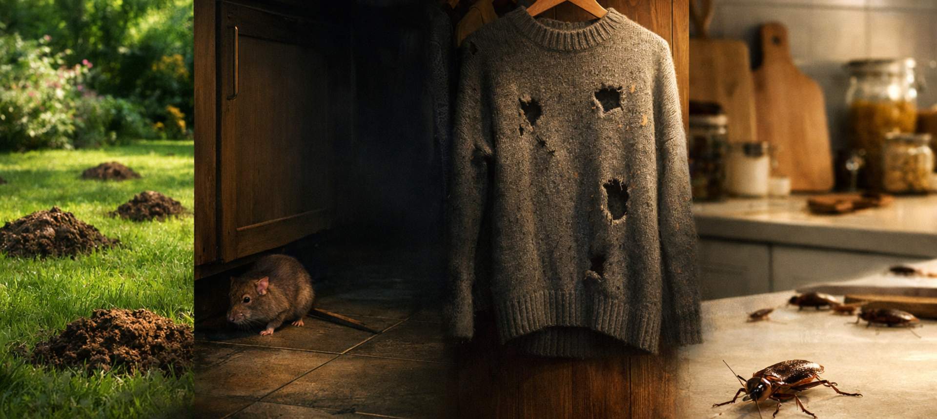 Montage anti-nuisibles SPARIL - taupinières, rat, pull troué par les mites et cafards dans la maison