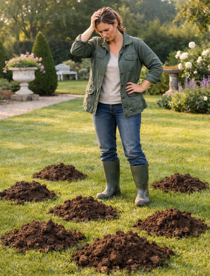 Jardinière frustrée devant des taupinières sur sa pelouse - dégâts de taupes