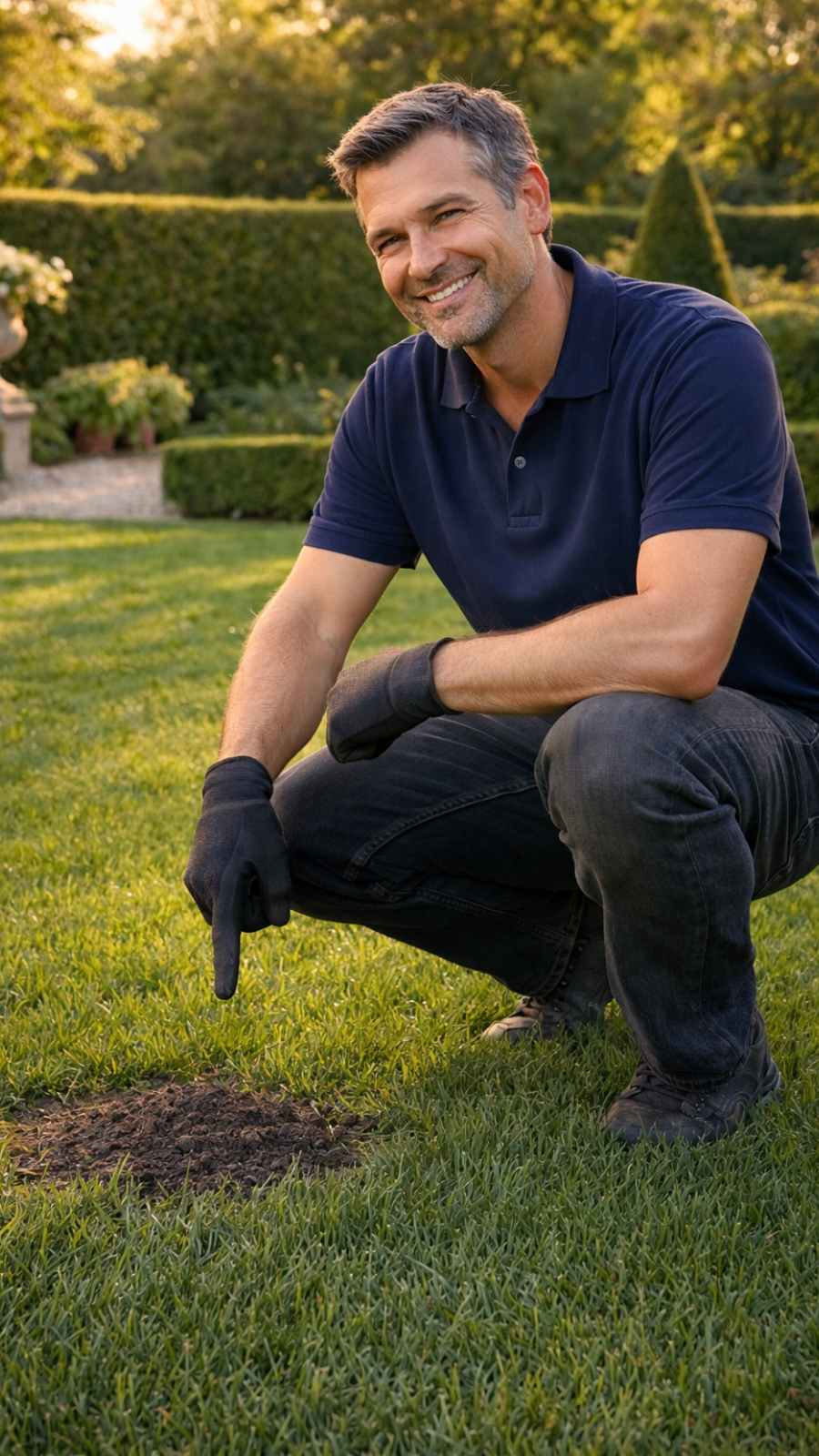 Jardinier satisfait montrant le résultat de son piège à taupe sur sa pelouse - SPARIL