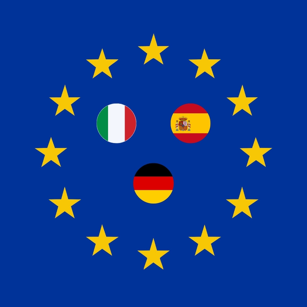 Livraison SPARIL en Europe avec drapeaux Italie Espagne et Allemagne
