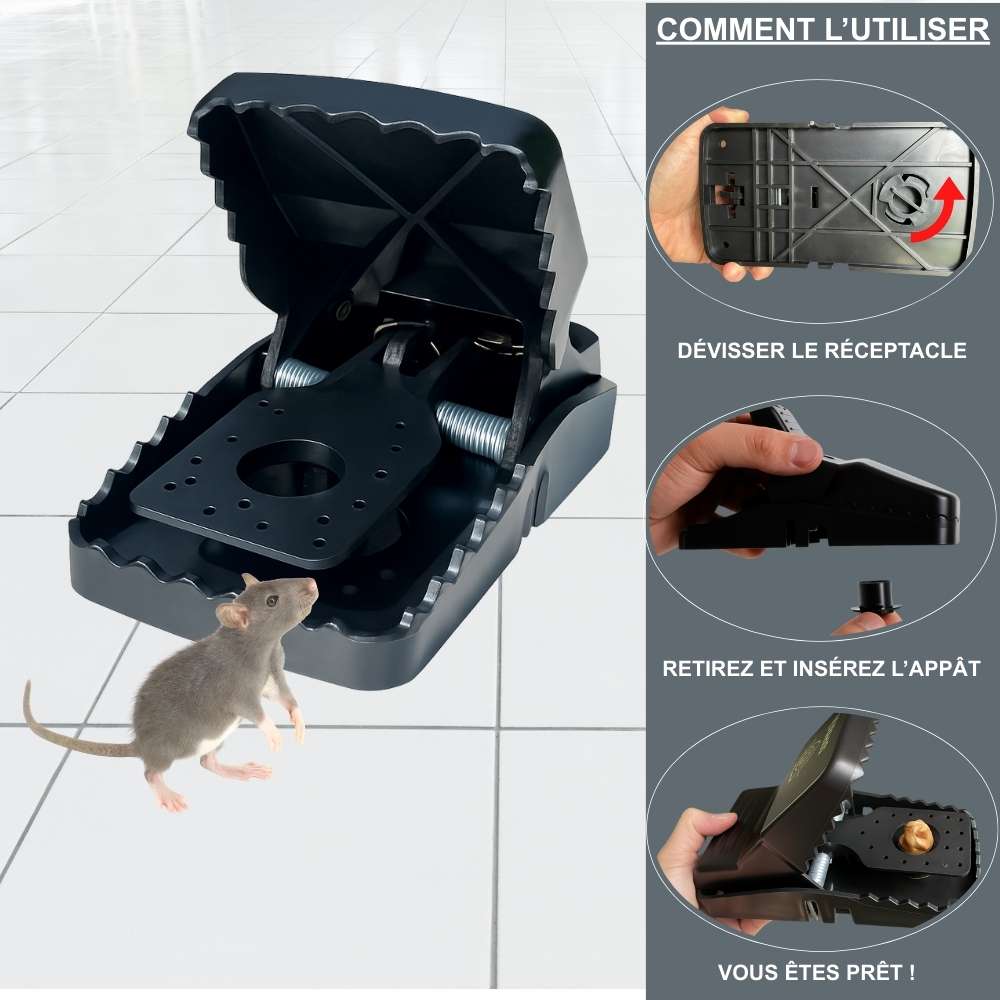 Mode d'emploi piège à rat XXL en 3 étapes : dévisser, insérer appât, prêt