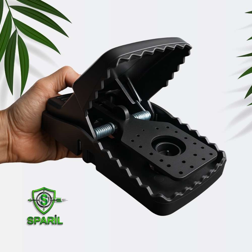 Piège à rat XXL Pro SPARIL tenu en main avec mâchoire ouverte