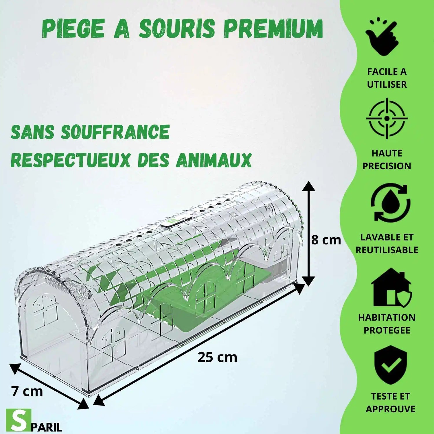 Piège à souris sans tuer SPARIL dimensions 25 x 8 x 7 cm
