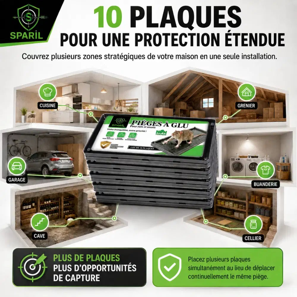 Lot de 10 pièges à glu souris et rats SPARIL couvrant cuisine, garage, grenier, cave et cellier