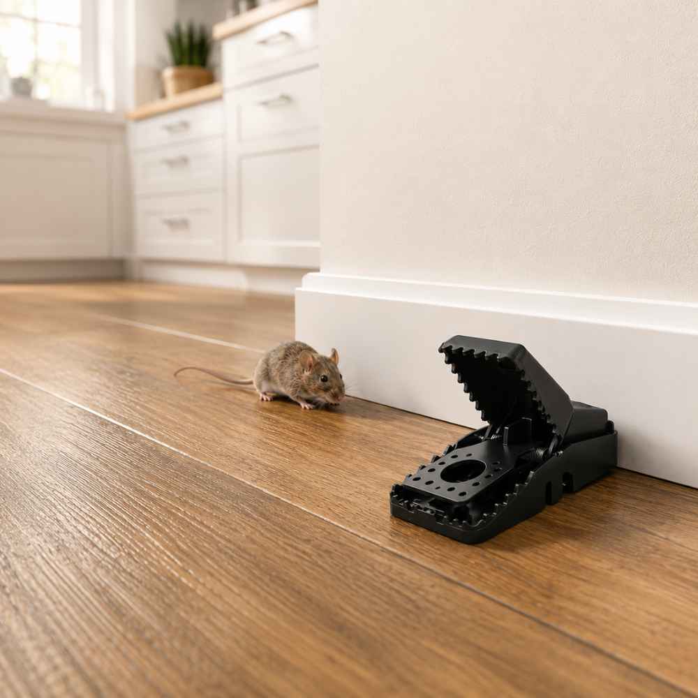 Souris près d'une tapette à souris placée le long d'une plinthe