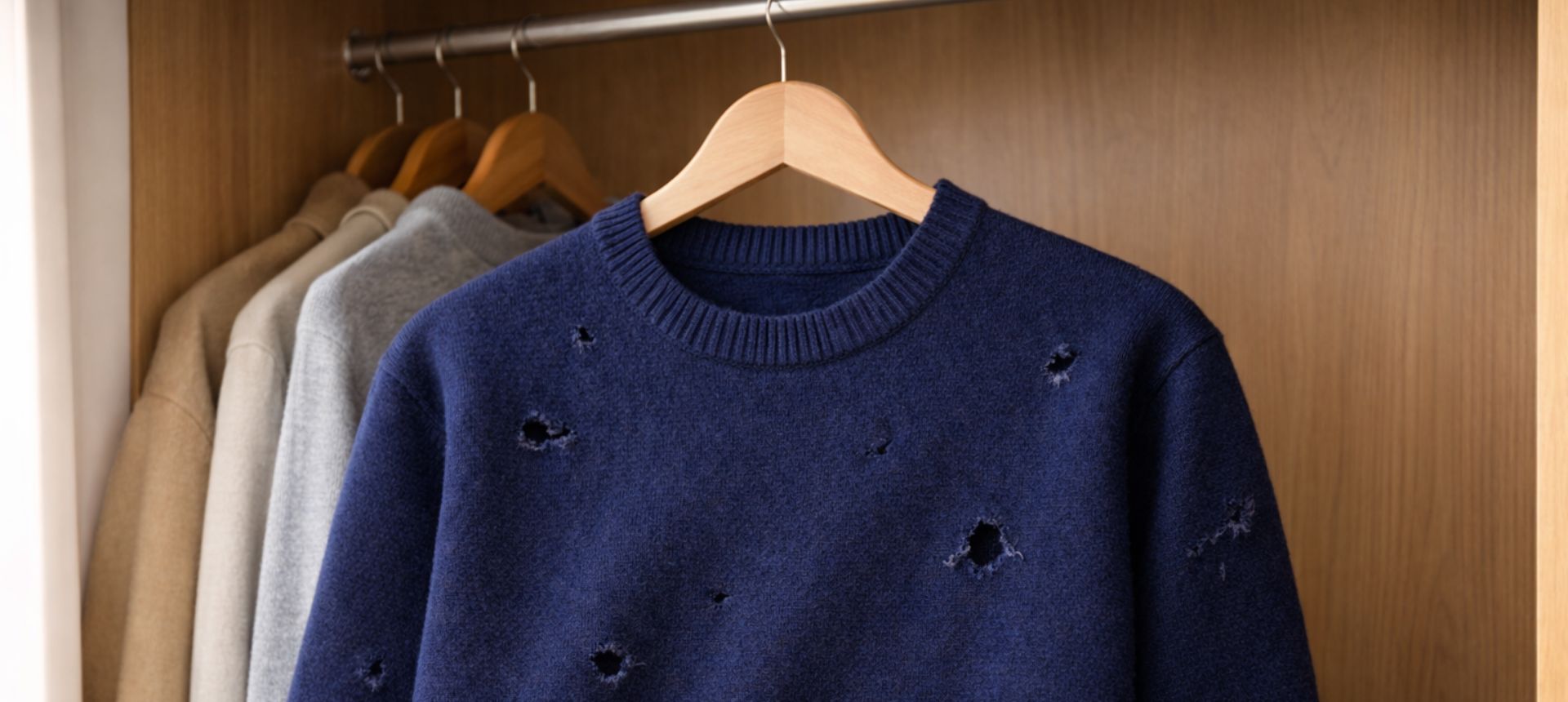Pull en laine troué par les mites dans une penderie - dégâts sans protection