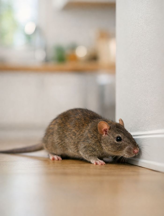 Rat brun se faufilant le long d'une plinthe dans une cuisine
