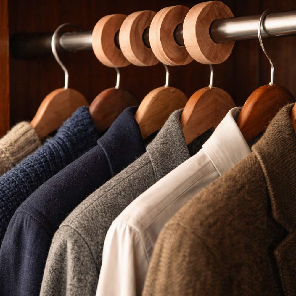 Rondelles de cedre anti mites sur cintres dans penderie avec pulls en laine et cachemire