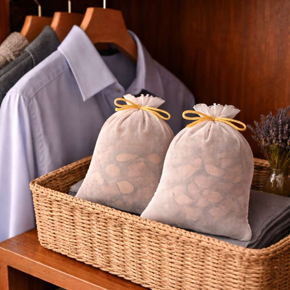 Deux sachets de copeaux de cedre anti mites dans un panier de rangement pres de vetements