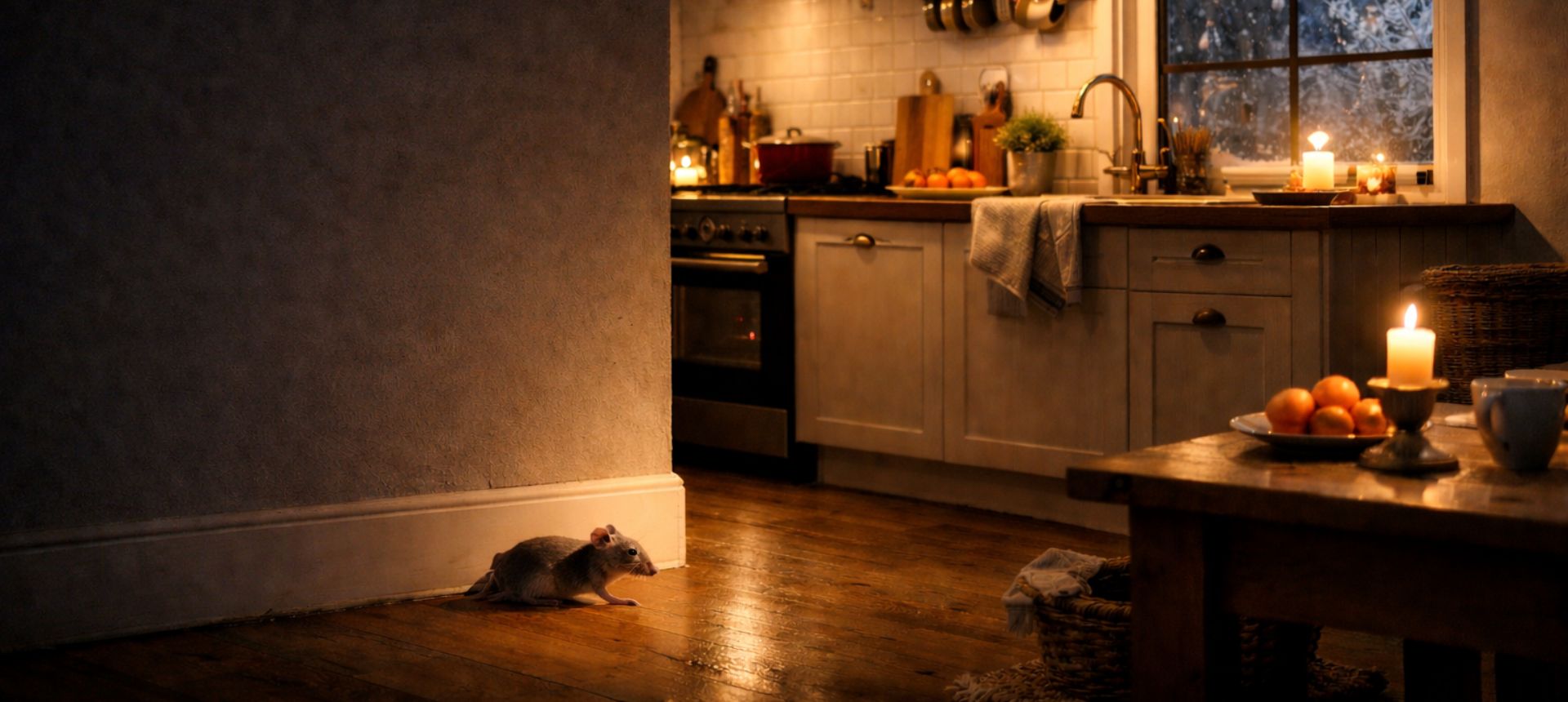 Souris grise dans une cuisine en hiver - Alerte invasion rongeurs saison froide - Solutions anti-souris et anti-rats SPARIL