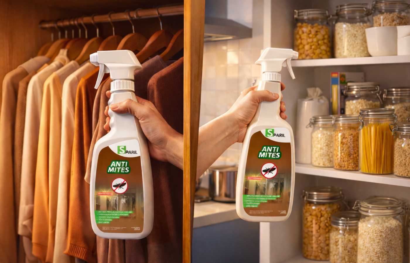 Spray anti-mites SPARIL 2 en 1 utilisé dans une penderie et un placard alimentaire
