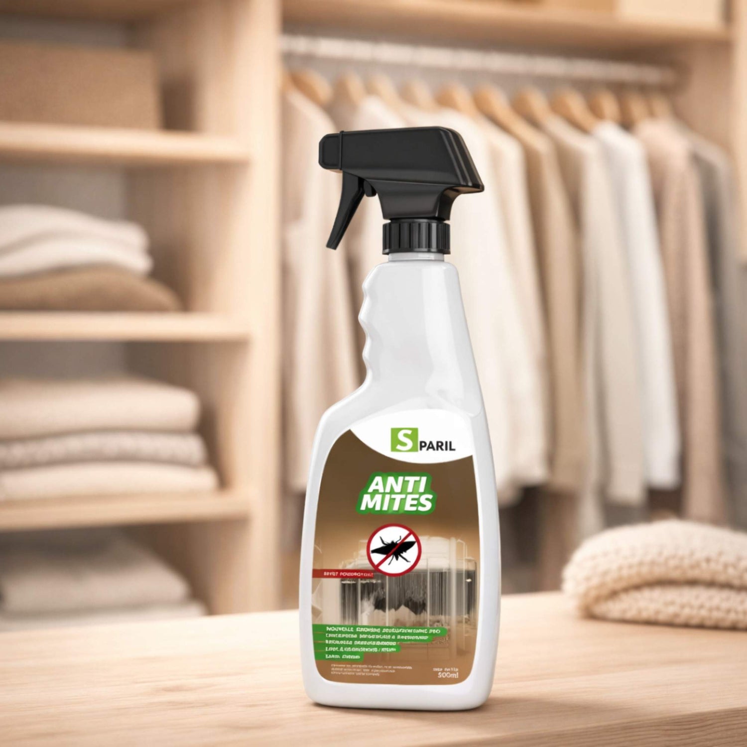 Spray anti-mites SPARIL 500ml devant un dressing avec vêtements
