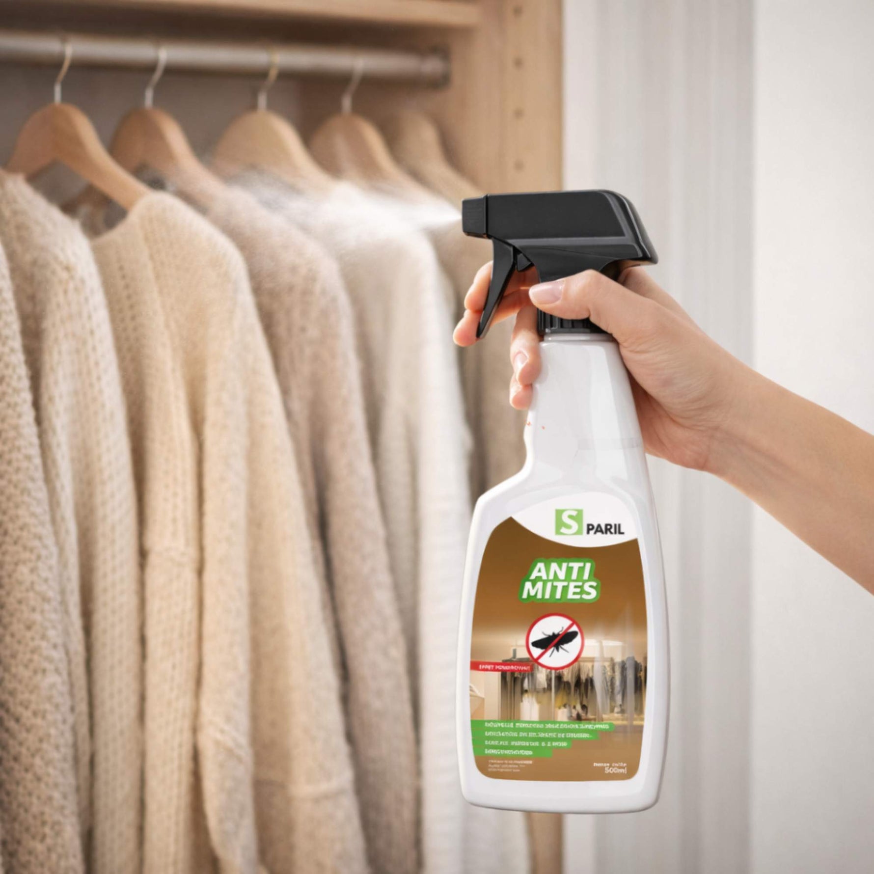 Main pulvérisant le spray anti-mites SPARIL dans une penderie