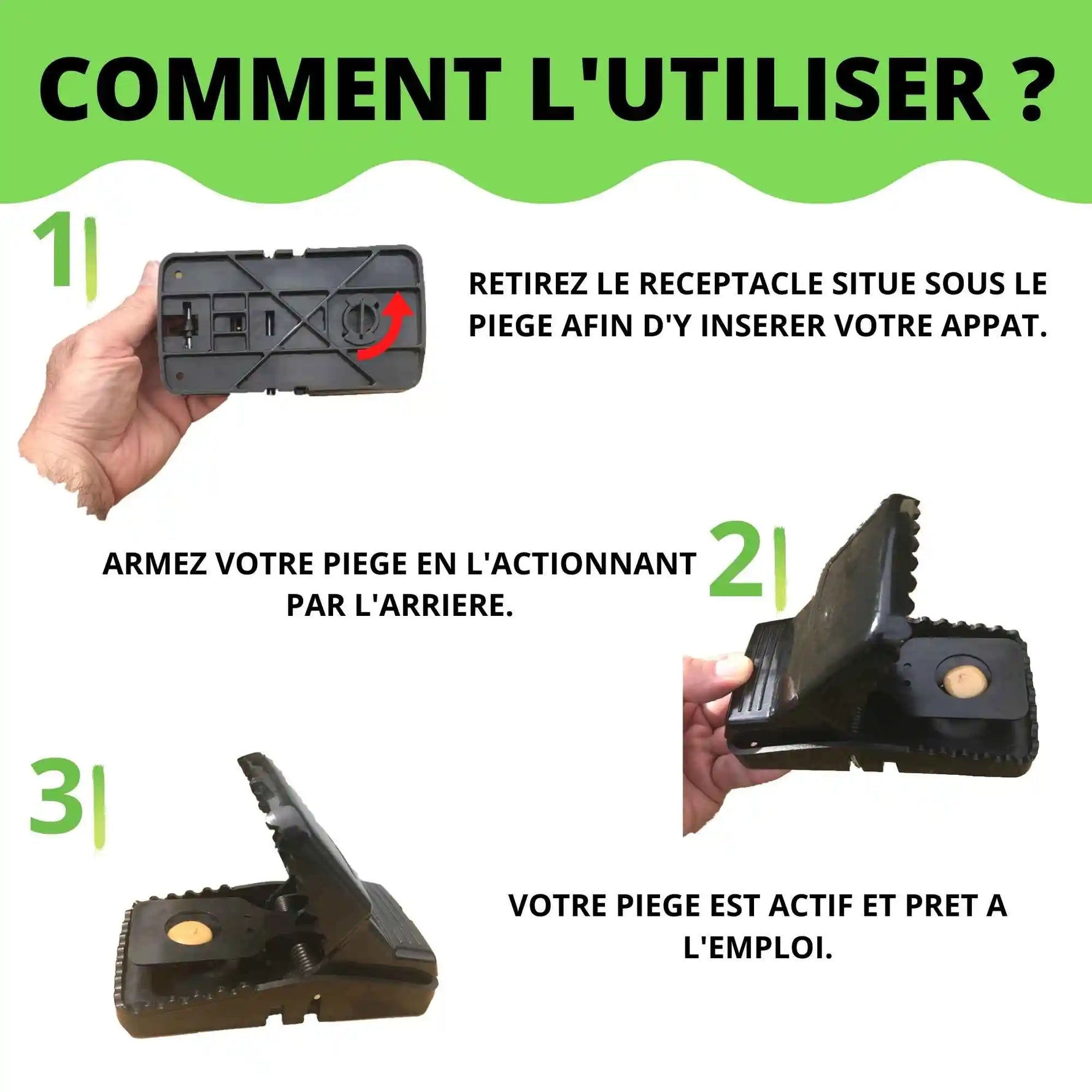 Mode d'emploi tapette à rat SPARIL en 3 étapes : retirer réceptacle, armer, prêt