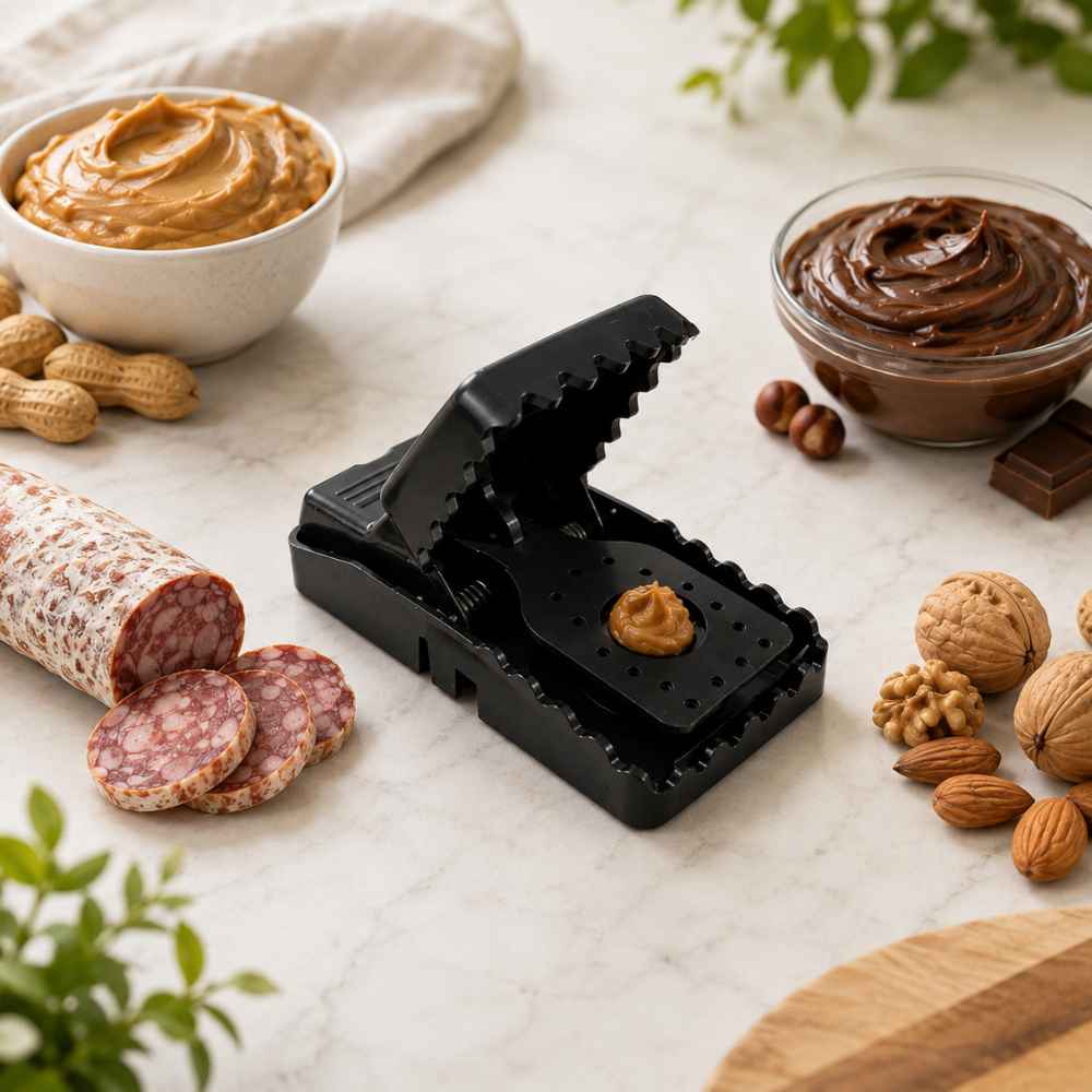 Tapette à souris appâtée au beurre de cacahuète, entourée de noix et chocolat